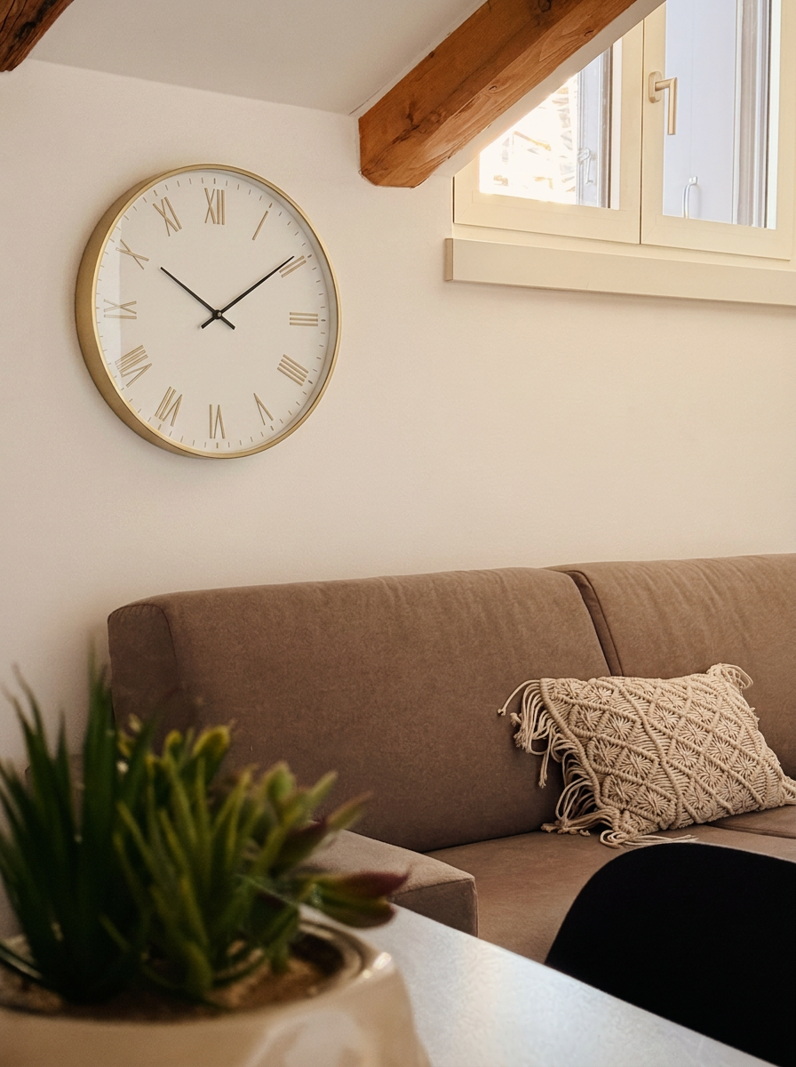 HOME 4 con orologio elegante, travi a vista e divano taupe