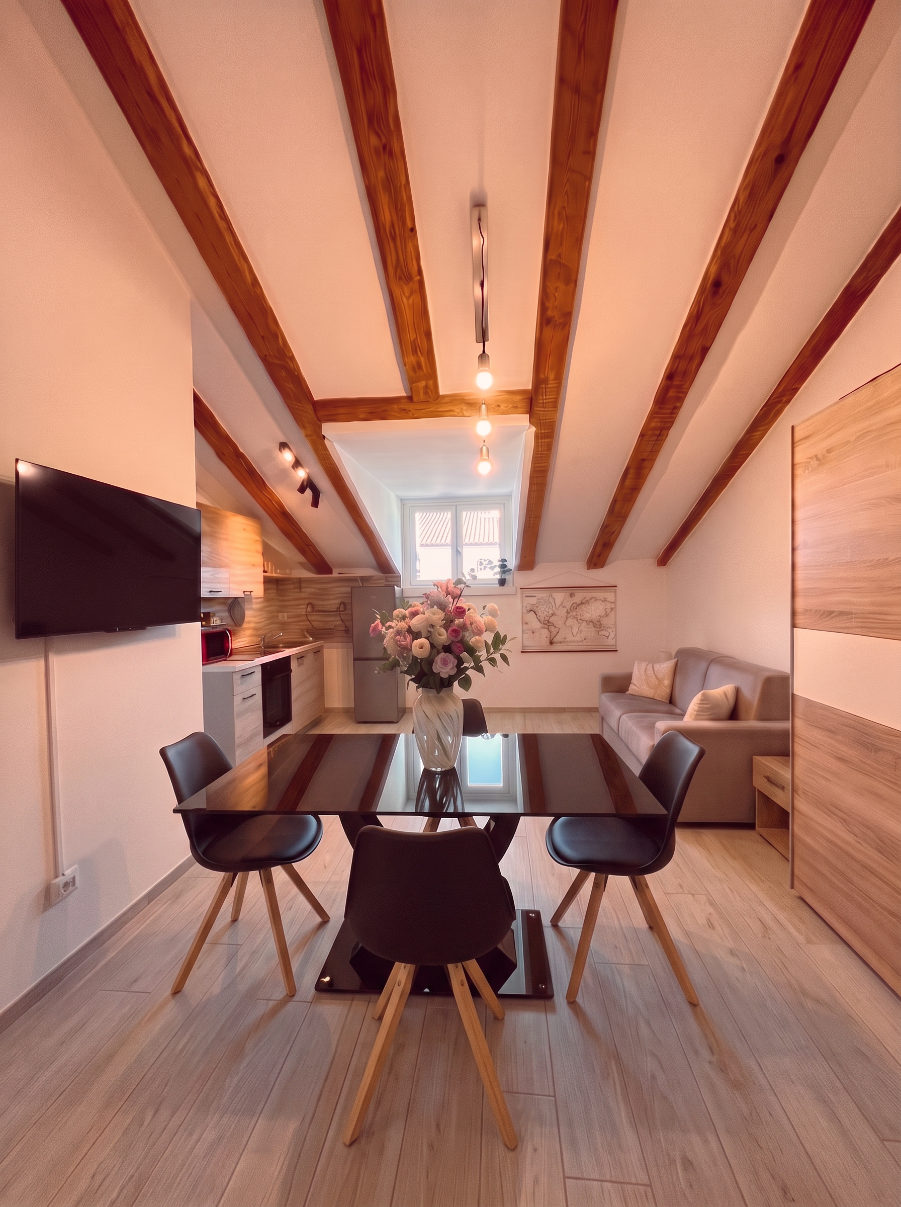 Interno del monolocale HOME 5 con travi a vista e zona living